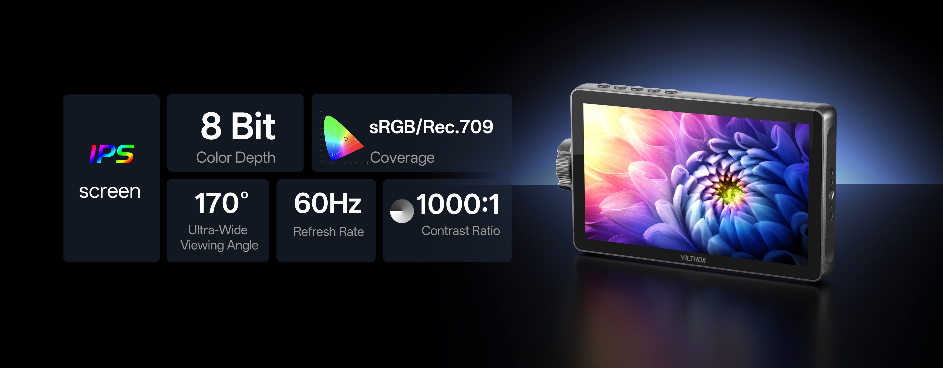 4K video camera monitor with IPS screen, 8 Bit color depth.
REC.709 international color standard.
100% ±3% sRGB wide color gamut.